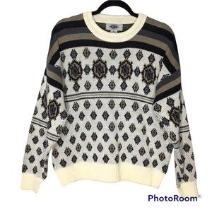 Vintage 1980's Men's Hemingway Point Beige and Black Sweater, Aztec Geometric -L